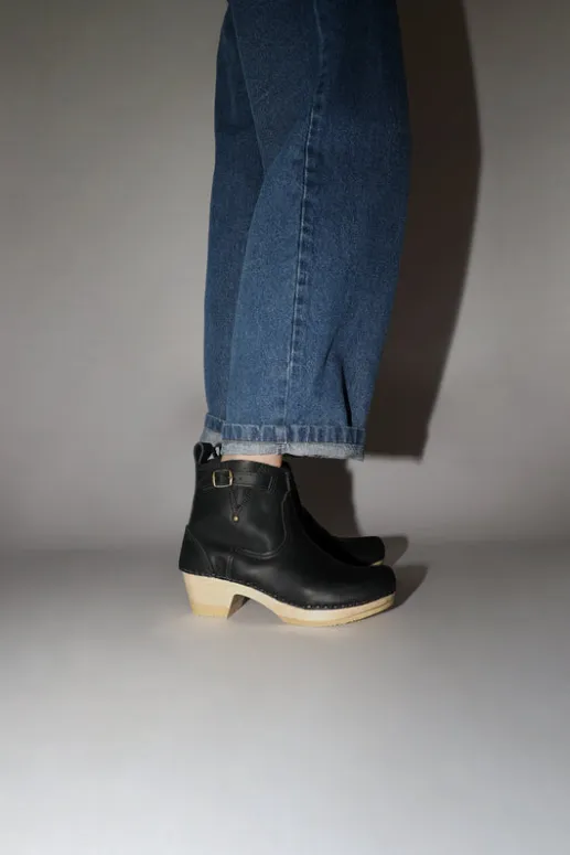 No.6 Store 5" Leather Clog Buckle Boot on Mid Heel in Black