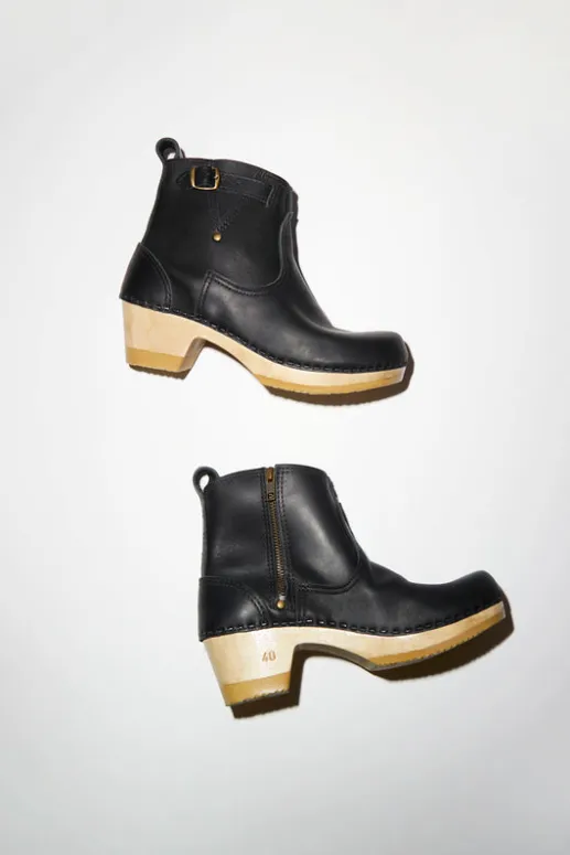 No.6 Store 5" Leather Clog Buckle Boot on Mid Heel in Black