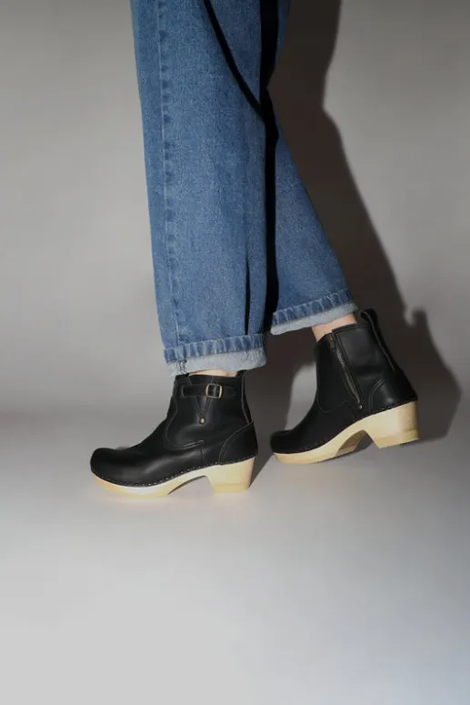 No.6 Store 5" Leather Clog Buckle Boot on Mid Heel in Black
