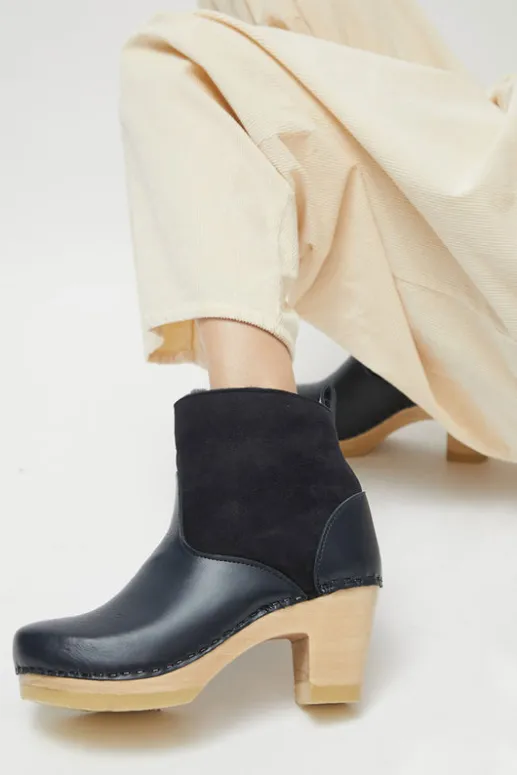 No.6 Store 5" Pull on Shearling Clog Boot on High Heel in Navy and Night
