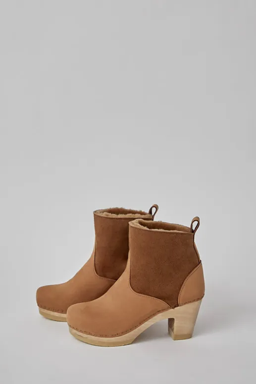 No.6 Store 5" Pull on Shearling Clog Boot on High Heel in Copper