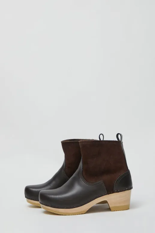 No.6 Store 5" Pull on Shearling Clog Boot on Mid Heel in Umber