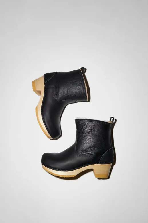 No.6 Store 5" Pull On Shearling Clog Boot on Mid Heel in Ink Aviator
