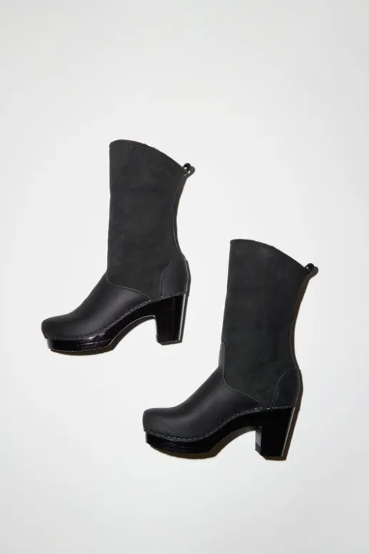 No.6 Store 9" Pull On Shearling Clog Boot on High Heel in Black Suede on Black Base