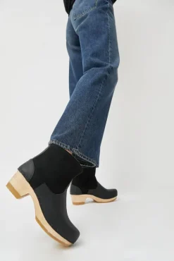 No.6 Store 5" Pull on Shearling Clog Boot on Mid Heel in Black Suede