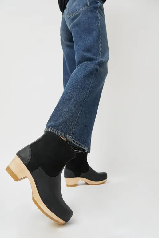 No.6 Store 5" Pull on Shearling Clog Boot on Mid Heel in Black Suede