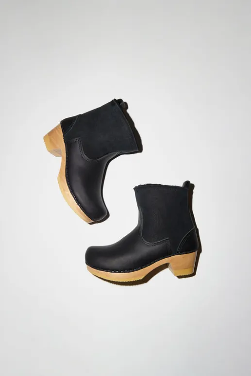 No.6 Store 5" Pull on Shearling Clog Boot on Mid Heel in Black Suede