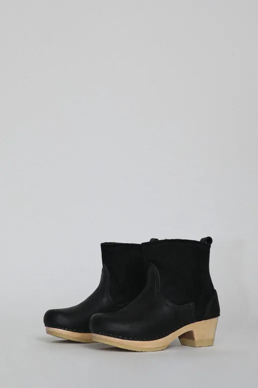 No.6 Store 5" Pull on Shearling Clog Boot on Mid Heel in Black Suede