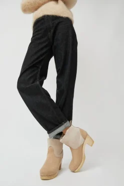 No.6 Store 5" Pull On Shearling Clog Boot on High Heel in Bone Suede
