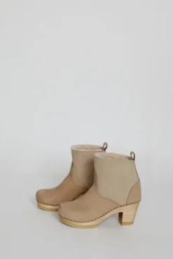 No.6 Store 5" Pull On Shearling Clog Boot on High Heel in Bone Suede