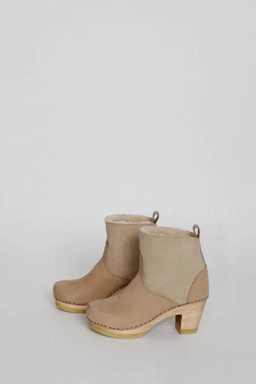 No.6 Store 5" Pull On Shearling Clog Boot on High Heel in Bone Suede