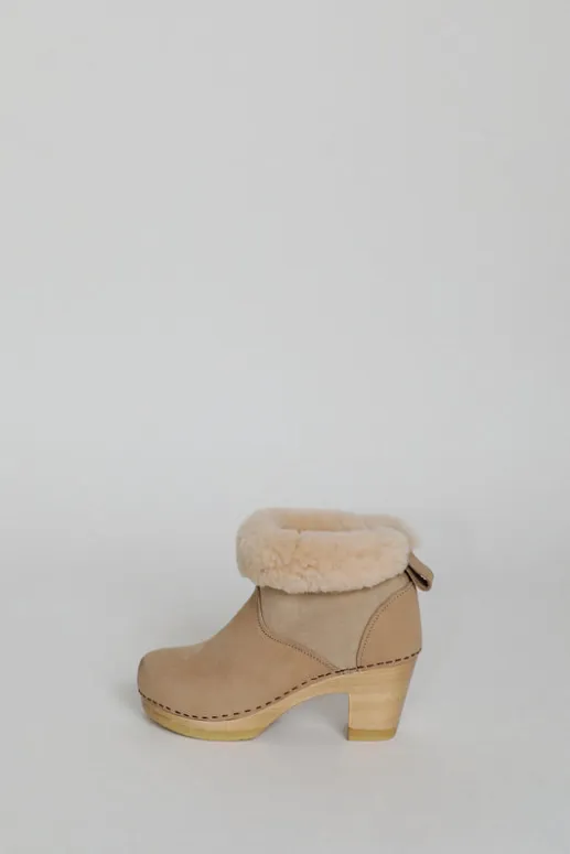 No.6 Store 5" Pull On Shearling Clog Boot on High Heel in Bone Suede