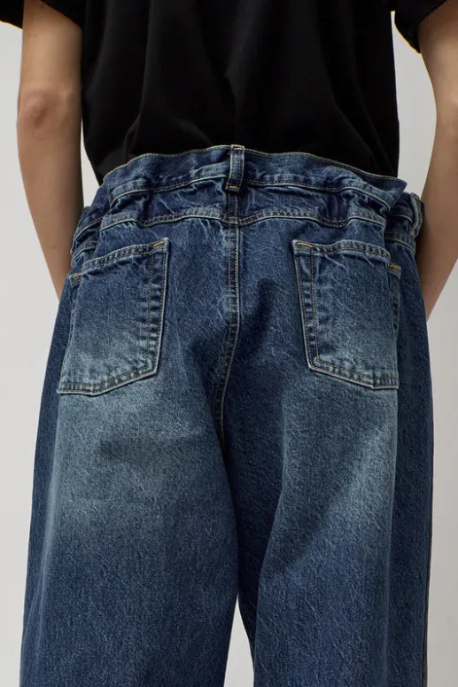 No.6 Store Baggy Jeans with Contrast Sidelines in Blue and Black