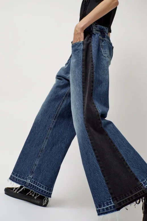 No.6 Store Baggy Jeans with Contrast Sidelines in Blue and Black