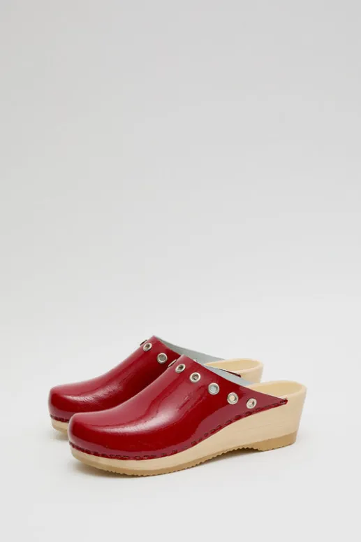 No.6 Store Bella Clog on Mid Wedge in Red Patent with Eyelets