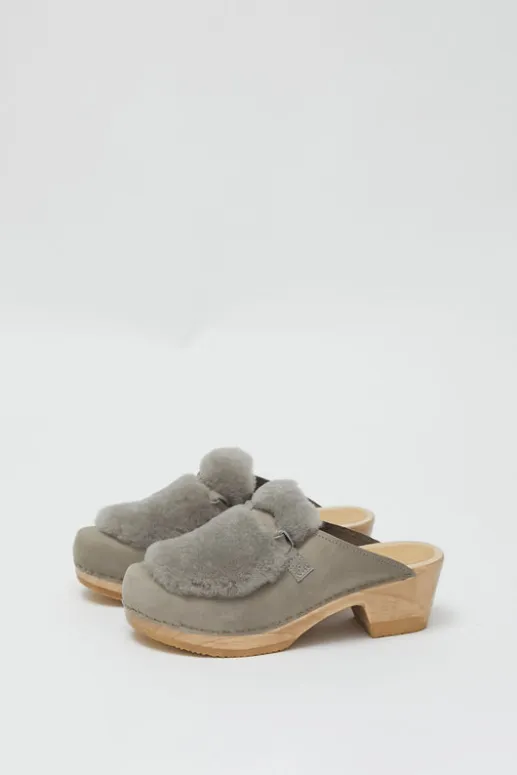 No.6 Store Billie Fur Clog on Mid Heel in Mist