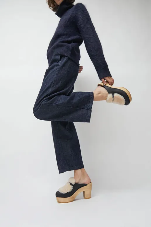 No.6 Store Billie Fur Clog on Platform in Indigo and Bone