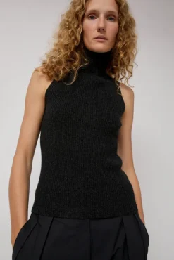 No.6 Store Cashmere Mock Collar Rib Top in Black Melange