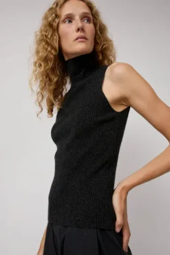 No.6 Store Cashmere Mock Collar Rib Top in Black Melange