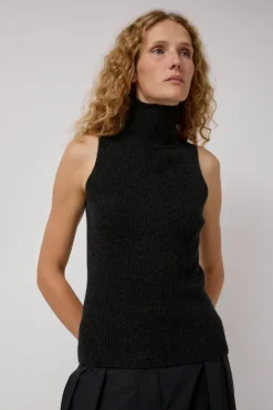 No.6 Store Cashmere Mock Collar Rib Top in Black Melange