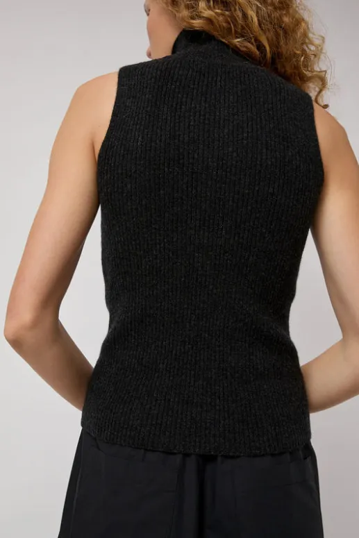 No.6 Store Cashmere Mock Collar Rib Top in Black Melange