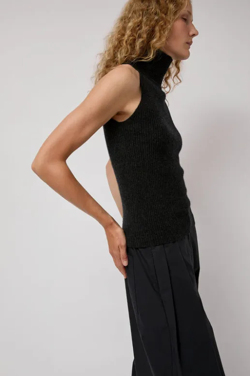 No.6 Store Cashmere Mock Collar Rib Top in Black Melange