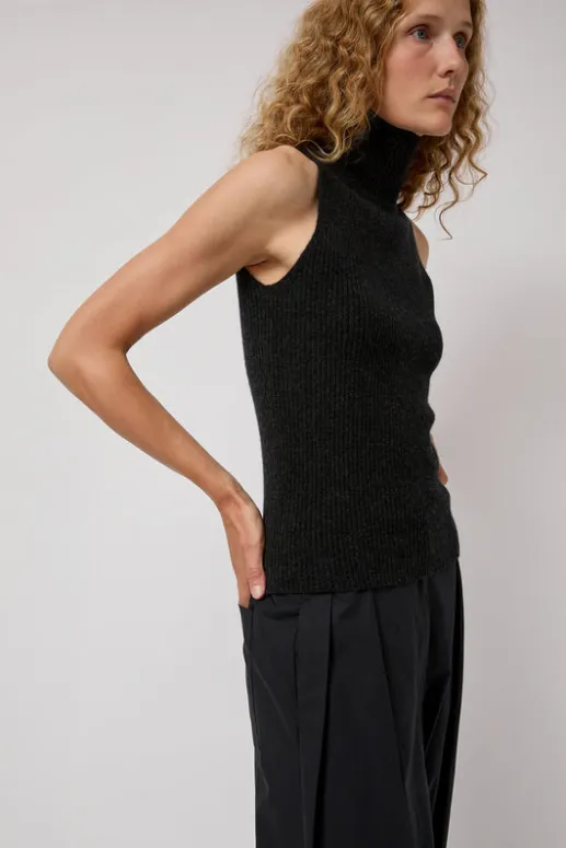 No.6 Store Cashmere Mock Collar Rib Top in Black Melange