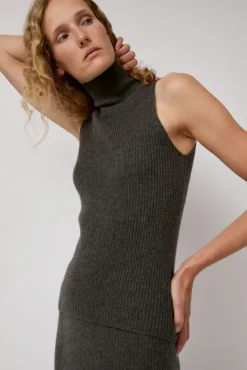 No.6 Store Cashmere Mock Collar Rib Top in Olive Melange