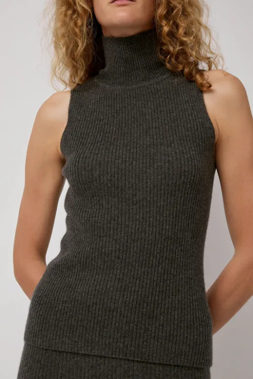No.6 Store Cashmere Mock Collar Rib Top in Olive Melange