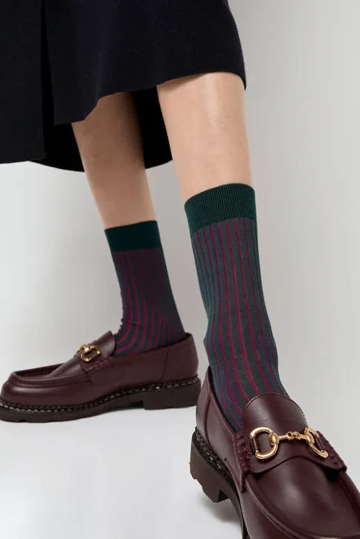 No.6 Store Contrast Stripe Viscose Socks in Grey with Fuchsia