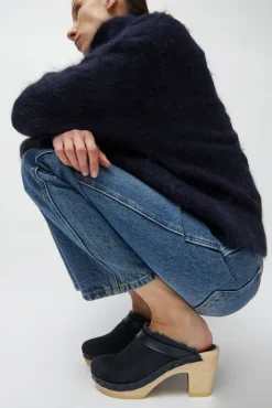 No.6 Store Dakota Shearling Clog on High Heel in Navy Suede and Night