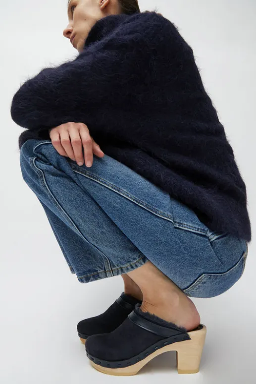 No.6 Store Dakota Shearling Clog on High Heel in Navy Suede and Night