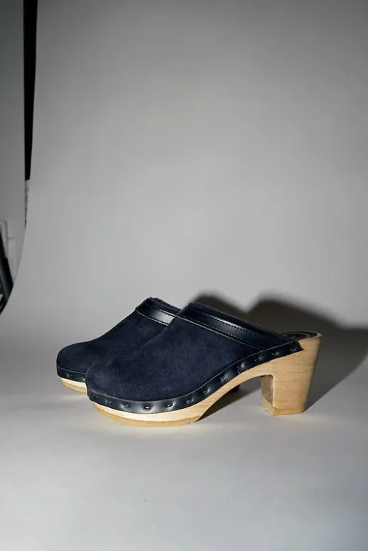 No.6 Store Dakota Shearling Clog on High Heel in Navy Suede and Night