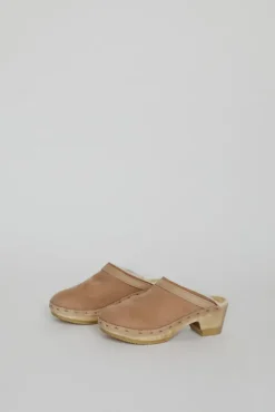 No.6 Store Dakota Shearling Clog on Mid Heel in Fawn Suede and Bone