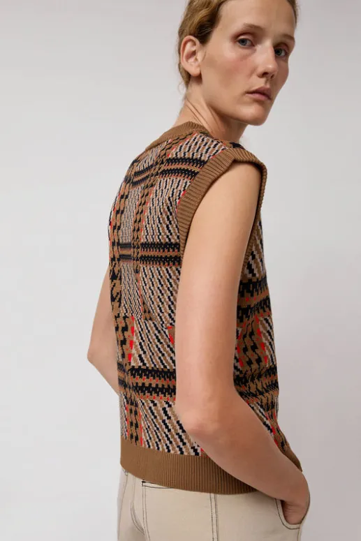 No.6 Store Dust Knitted Vest in Orange Mixed Checks