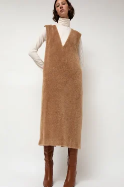 No.6 Store Eco Fur Deep V Dress in Camel