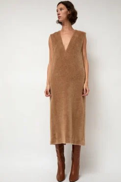 No.6 Store Eco Fur Deep V Dress in Camel