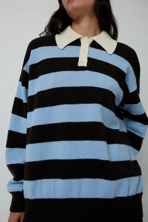 No.6 Store Edith Stripe Polo Sweater in Dark Brown and Pale Blue