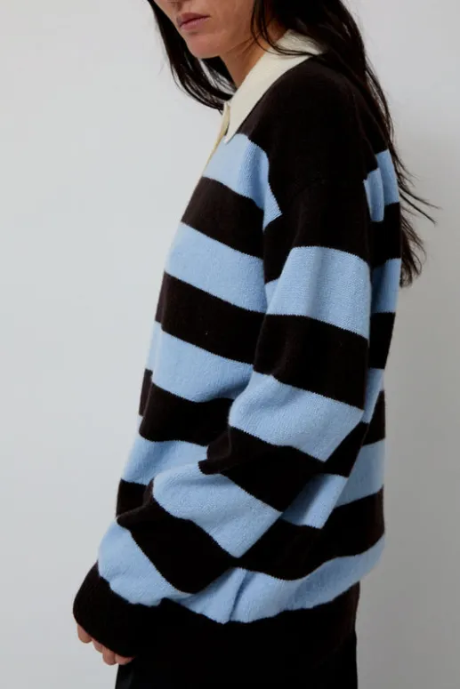No.6 Store Edith Stripe Polo Sweater in Dark Brown and Pale Blue
