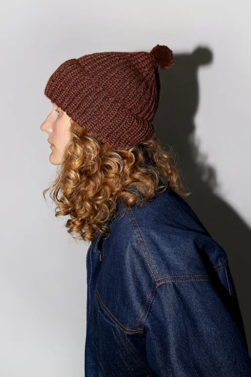 No.6 Store Fold Up Long Pom Pom Beanie in Dark Brown