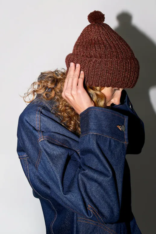 No.6 Store Fold Up Long Pom Pom Beanie in Dark Brown