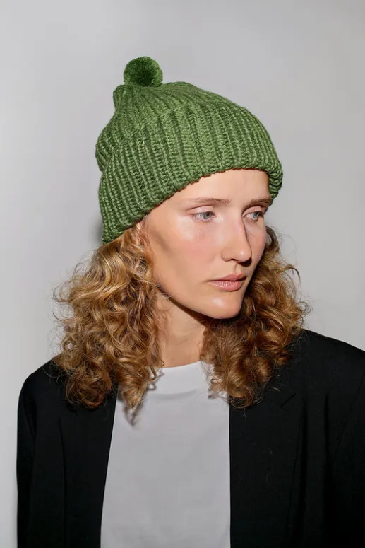 No.6 Store Fold Up Long Pom Pom Beanie in Grass
