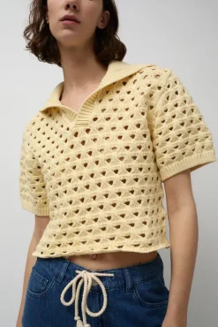 No.6 Store Knitted Short Sleeve Polo in Eggshell