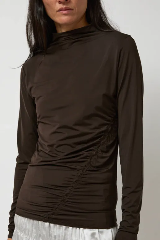 No.6 Store Light Jersey Slim Shirring Top in Brown