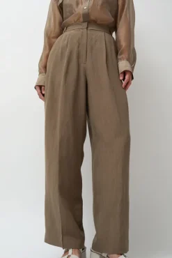 No.6 Store Linen Blend Wide Leg Pants in Dark Tan