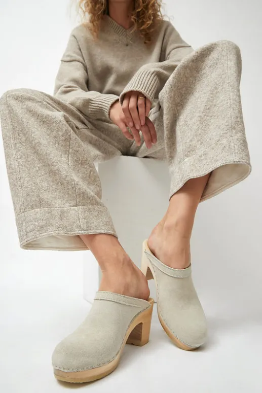 No.6 Store Old School Clog on High Heel in Chalk Suede