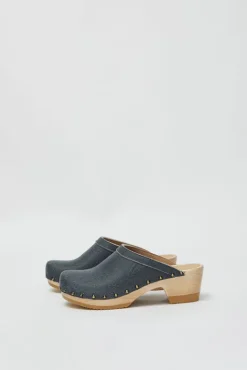 No.6 Store Old School Studded Clog on Mid Heel in Denim Printed Leather