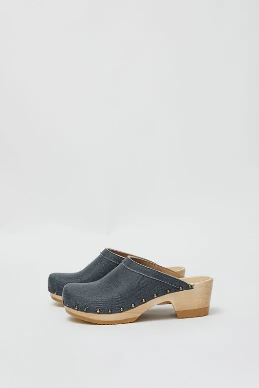 No.6 Store Old School Studded Clog on Mid Heel in Denim Printed Leather