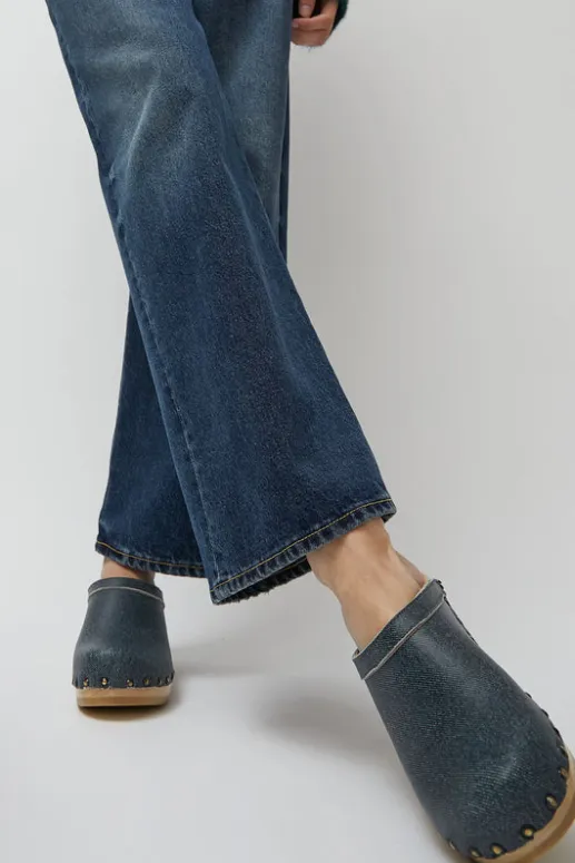 No.6 Store Old School Studded Clog on Mid Heel in Denim Printed Leather