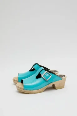 No.6 Store T Strap Clog on Mid Heel in Turquoise Patent